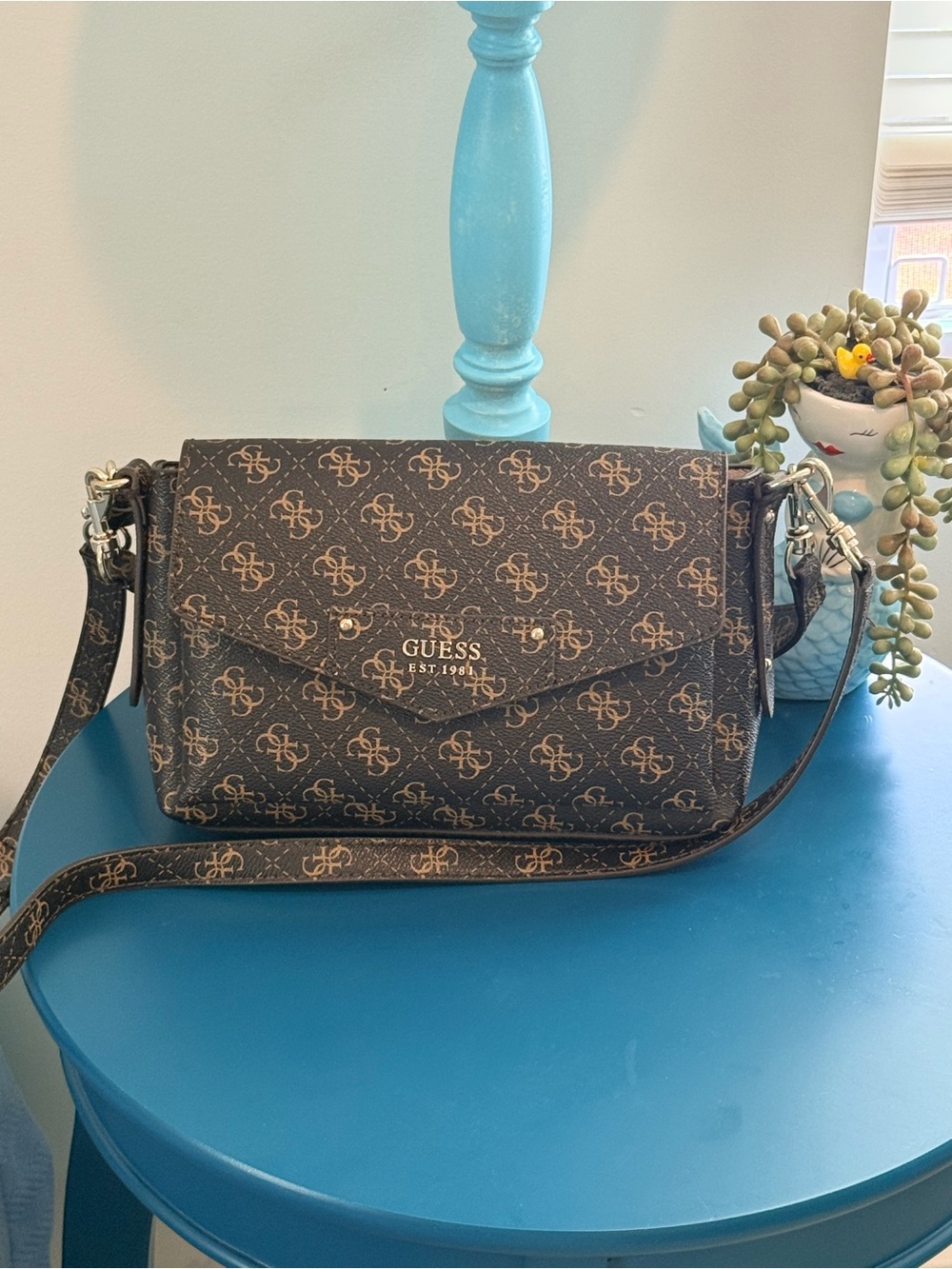 GUESS Brown Monogram Crossbody with Gold-Tone Hardware